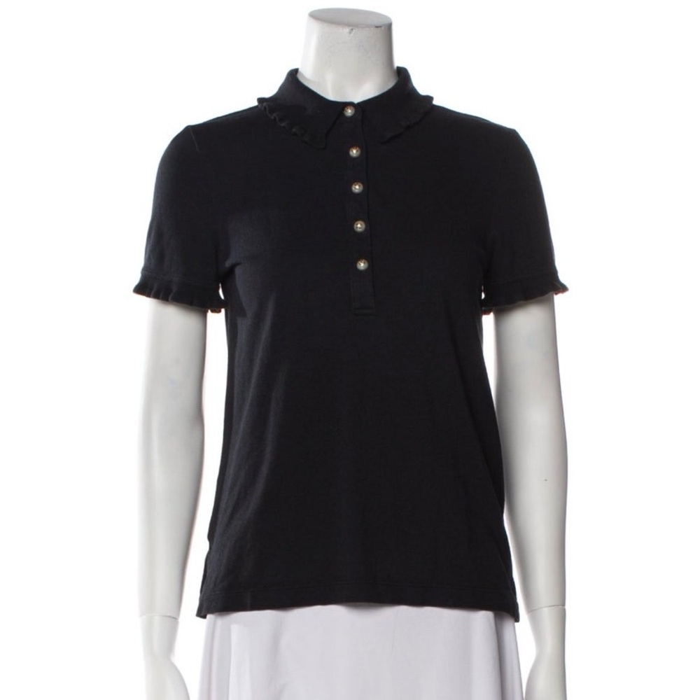 Tory Burch Black Short Sleeve Ruffle Collar Polo